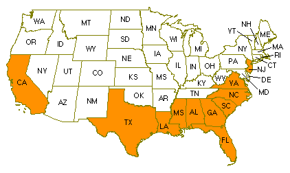 map of US sweetpotato growing states